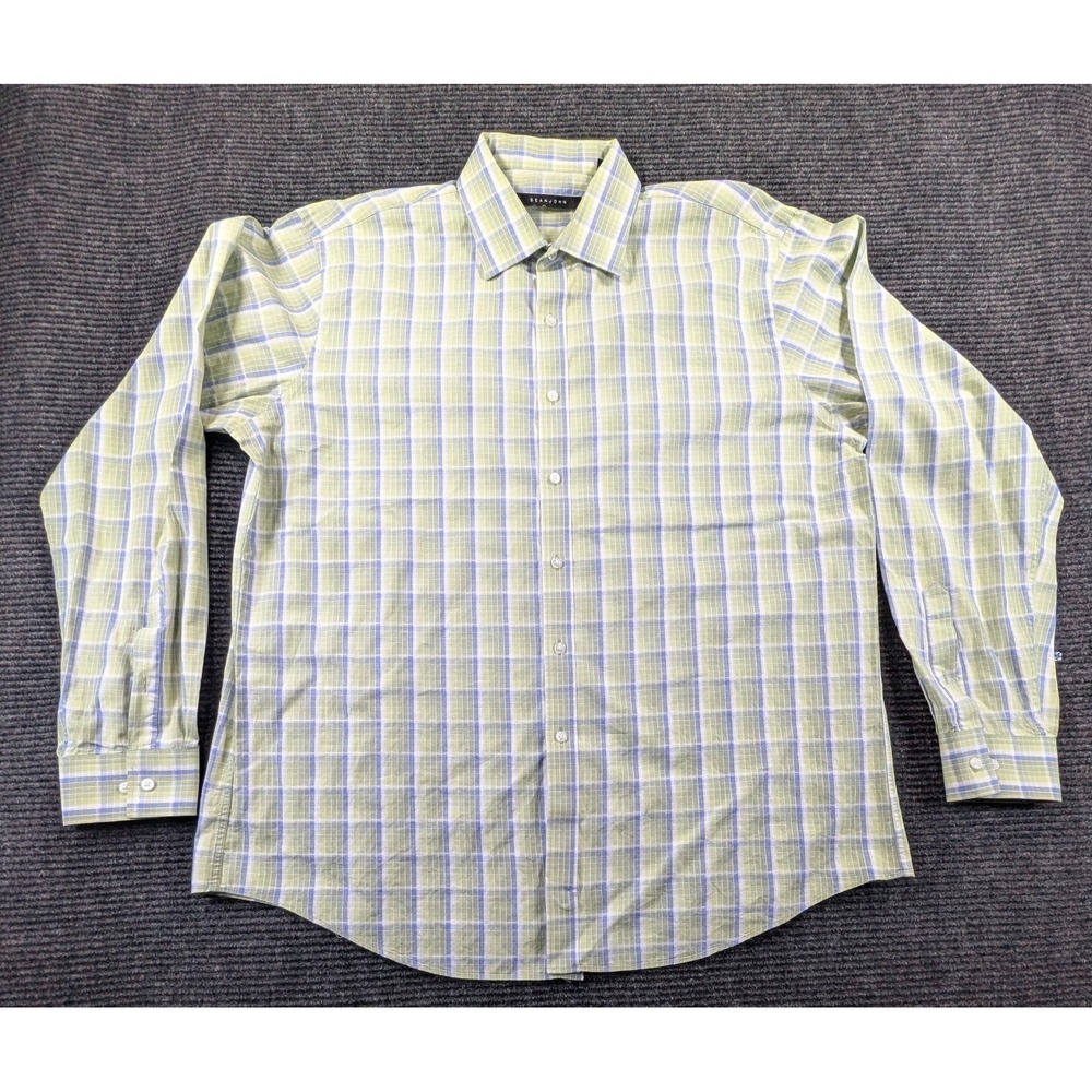 Sean John Dress Shirt Mens 18 38/37 Green Cotton Windowpane Button Up Bus Office